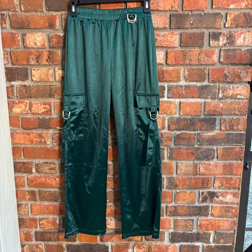 Berry Bliss by Block womens satin cargo pants green XS